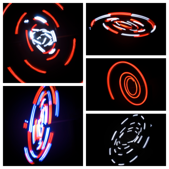 A few examples of the different effects possible when using two LED lights and swinging them in different ways. I put them together using Diptic for Mac.