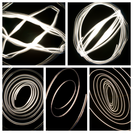 5 Different attempts at swinging the torch from a string, above my camera.